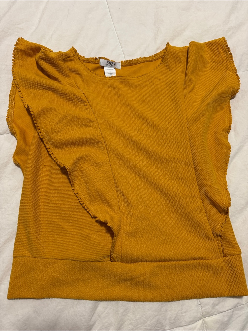 Suzy Shier Mustard Ruffle-Sleeve Knit Top